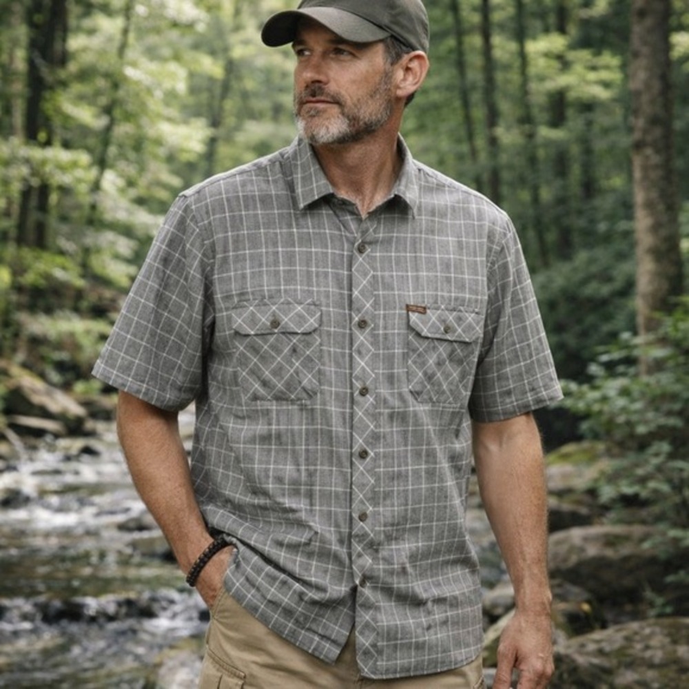 Orvis‎ Mens Short Sleeve Button Down Shirt Medium Grey Plaid Grid Outdoor Casual
